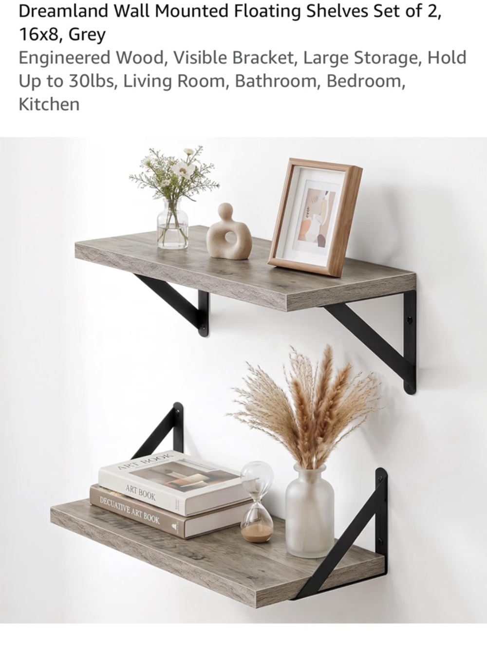 New in Box: Grey Floating Wall Shelves with Black Brackets - Set of 2